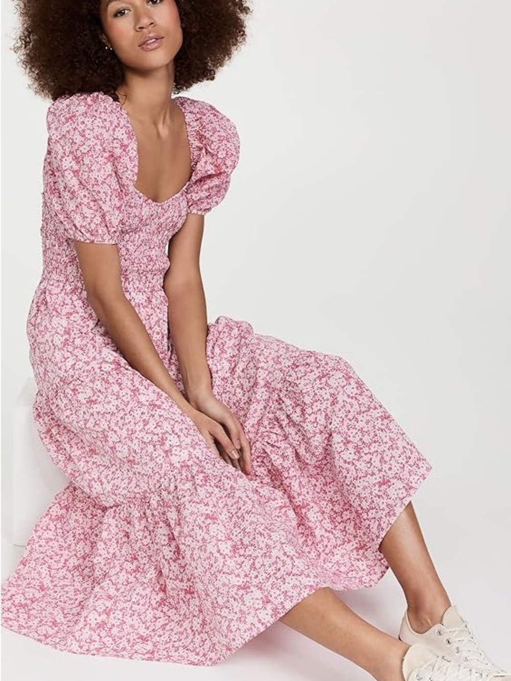Moon River Pink Floral Midi Dress with Puff Sleeves